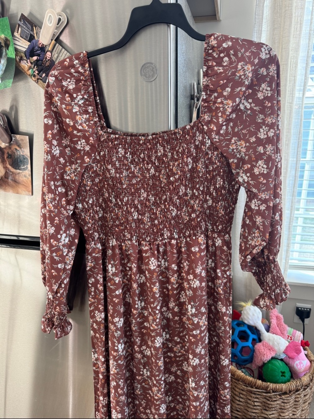 SHEIN Rust Floral Smocked Midi Dress with Puff Sleeves